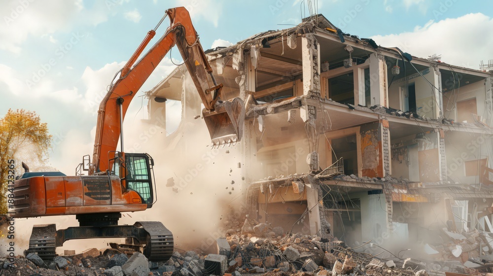 Poster capture the process of robots performing demolition work, efficiently and safely dismantling an old 
