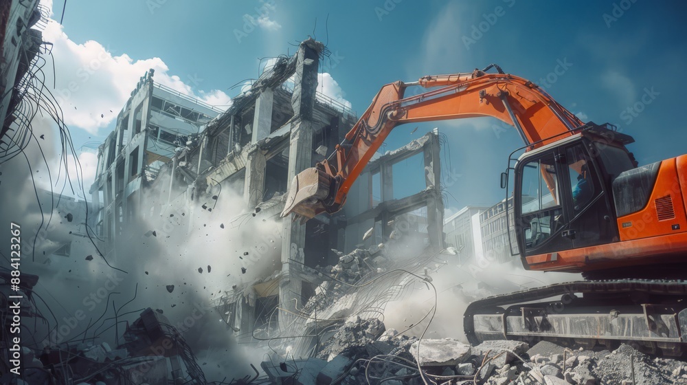 Poster capture the process of robots performing demolition work, efficiently and safely dismantling an old 