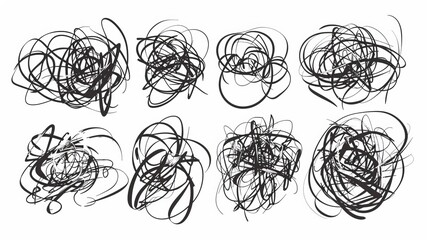 An abstract image featuring chaotic black scribbles, representing intense motion, confusion, and energy on a blank white background. Modern art style from the 2020s.