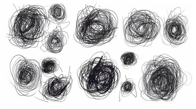 This image represents a collection of abstract black circular scribble drawings. The varying densities and sizes of the circles create an engaging visual effect and texture.