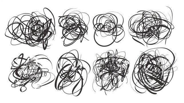 An abstract image featuring chaotic black scribbles, representing intense motion, confusion, and energy on a blank white background. Modern art style from the 2020s.