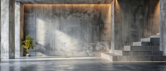 An empty room featuring concrete walls A plant in a vase rests near stairs