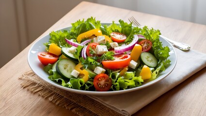 Fresh summer vegetable salad with lettuce, tomato, cucumber, bell pepper, onion and feta cheese, dressed with olive oil