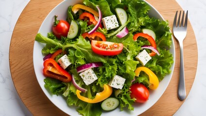 Fresh summer vegetable salad with lettuce, tomato, cucumber, bell pepper, onion and feta cheese, dressed with olive oil