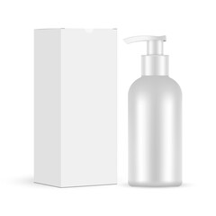 Blank Plastic Pump Bottle With Box. Packaging for Face Wash, Makeup Remover, Isolated On White Background. Vector Illustration