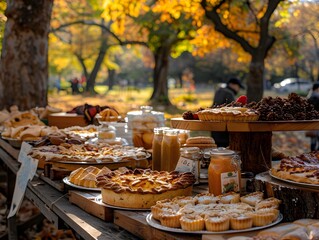 Delightful Autumn Bake Sale with Tempting Treats and Warm Drinks in Colorful Park Setting