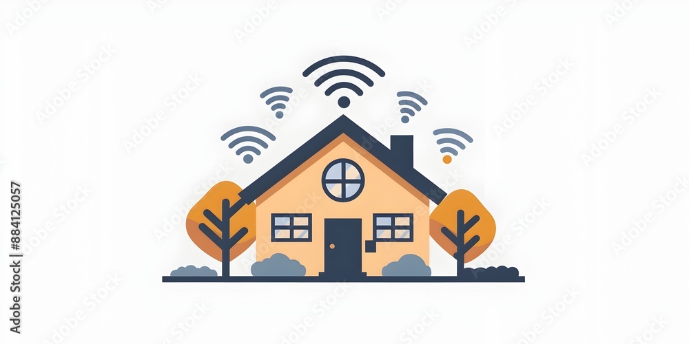 Poster flat icon of smart home with wireless internet signals on white background