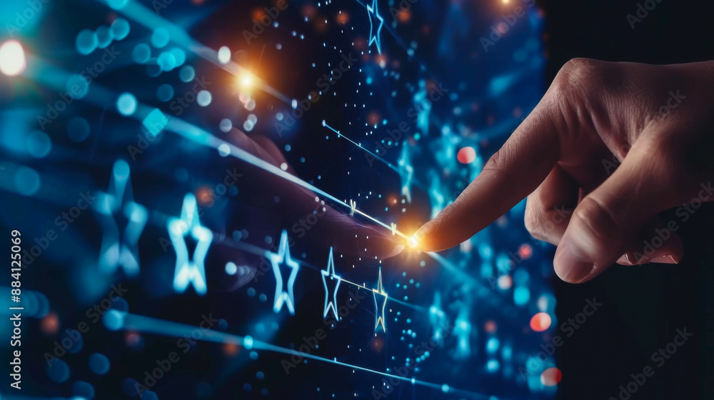 Poster close-up of a man's hand touching a digital quality star on a virtual interface. technology and busi