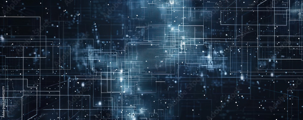Poster glowing blue digital circuit board with binary code and grid of intersecting lines