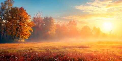 Tranquil Autumn Meadow with Misty Trees and Glowing Sunrise Landscape