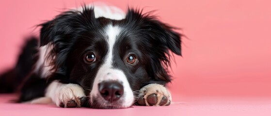  A tight shot of a dog reclining on a pink background, paws touching the ground, gaze directed at the camera