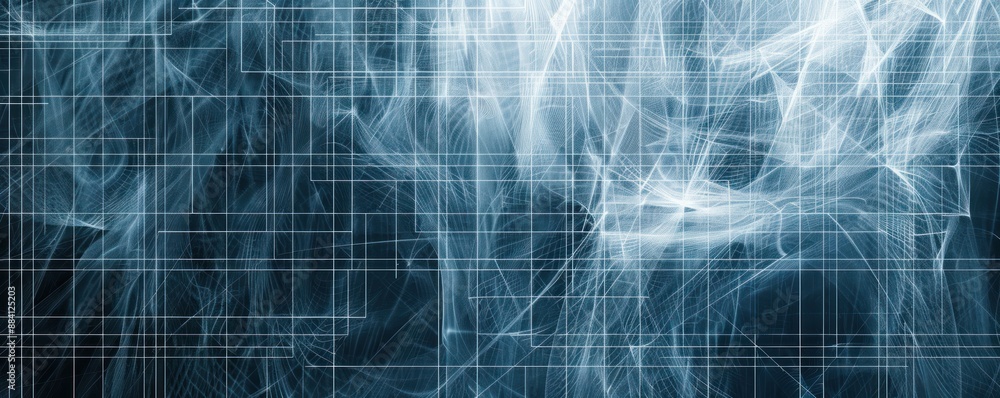Poster abstract visualization of glowing blue grid and flowing white lines on dark background