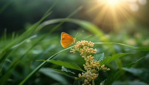 A Delicate Balance The Beauty of a Single Butterfly on a Flower, Representing the Interconnectedness of Nature's Ecosystem, Gathering Fauna, an Ecological Balance in a Serene Field, Nature