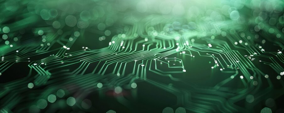 Glowing Green Circuit Board with Bokeh Lights