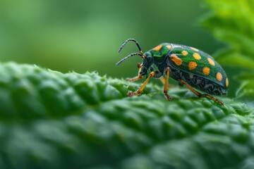 Naklejka premium A Vibrant Green and Yellow Beetle Perched on a Delicate Petal, Contributing to the Cycle of Plant Reproduction This Tiny Creature Plays a Crucial Role in Nature's Ecosystem, Facilitating the Transfer