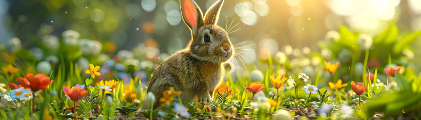 Fototapeta premium Adorable young rabbit in a vibrant, sunlit meadow filled with colorful flowers, capturing the beauty of nature in springtime.