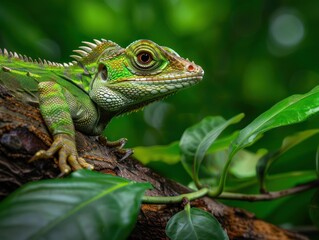 Fototapeta premium A Vibrant Ecosystem A Green Lizard Perched on a Branch, Surrounded by Lush Greenery, Demonstrating the Harmony of Nature and the Importance of Biodiversity