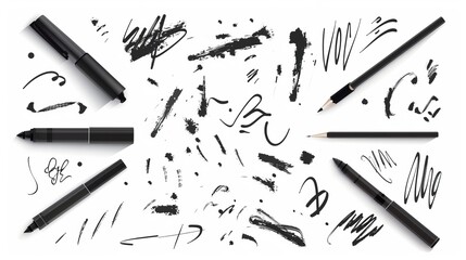 This image features various black ink sketches, lines, and brush strokes set against a white background, great for artistic design projects and illustrations.