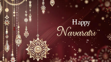 Elegant decorations hanging against a rich red background, featuring intricate gold and pearl designs, and a festive "Happy Navaratri" greeting.