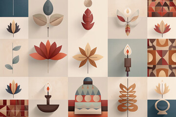 Minimalistic icons representing Navaratri floral elements, featuring simple and elegant designs in warm hues, ideal for festive and decorative purposes.