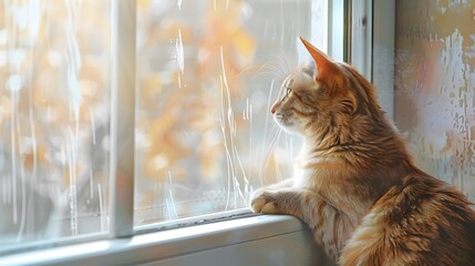 A curious cat looks out a window,  watching the world go by.  Sunlight streams through the glass, casting a warm glow.