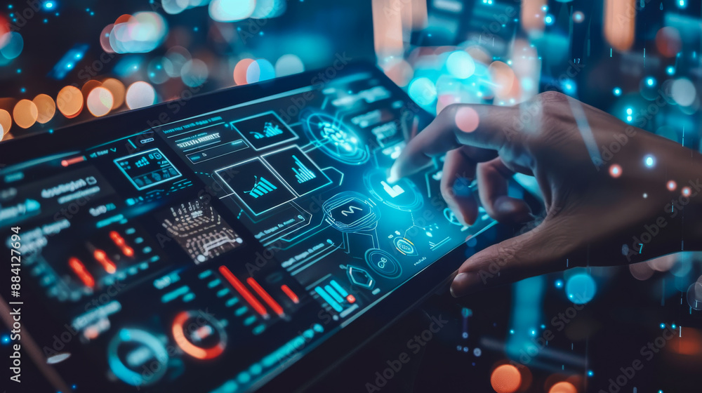 Aufkleber close-up of a man working on a modern digital tablet with a virtual interface against the backdrop o
