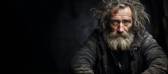 Old homeless poor man with beards sitting on a black background