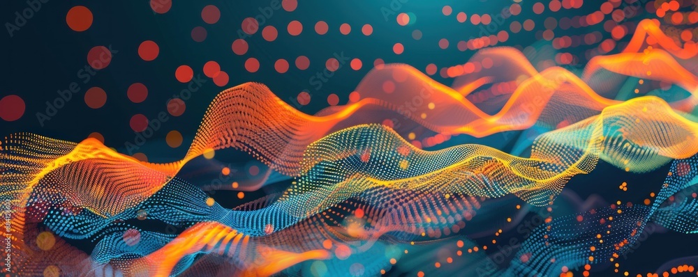 Poster multicolored undulations of glowing particles creating an abstract landscape