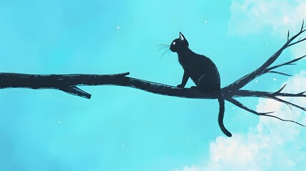 A solitary black cat sits on a bare branch against a bright blue sky, gazing into the distance.