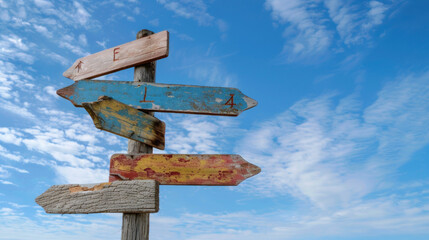 Wooden signpost with four directions against a blue sky.