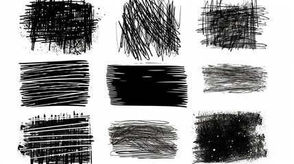 A set of nine black ink patterns and textures, from crosshatch lines to solid fills, offering diverse and intricate designs for artistic and graphic design purposes.