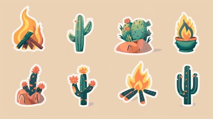 Cactus and Bonfire Sticker Set