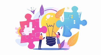 Two People Putting Together Puzzle Pieces to Create a Lightbulb Idea