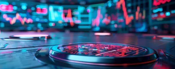 Holographic stock analysis, futuristic city backdrop, digital screens