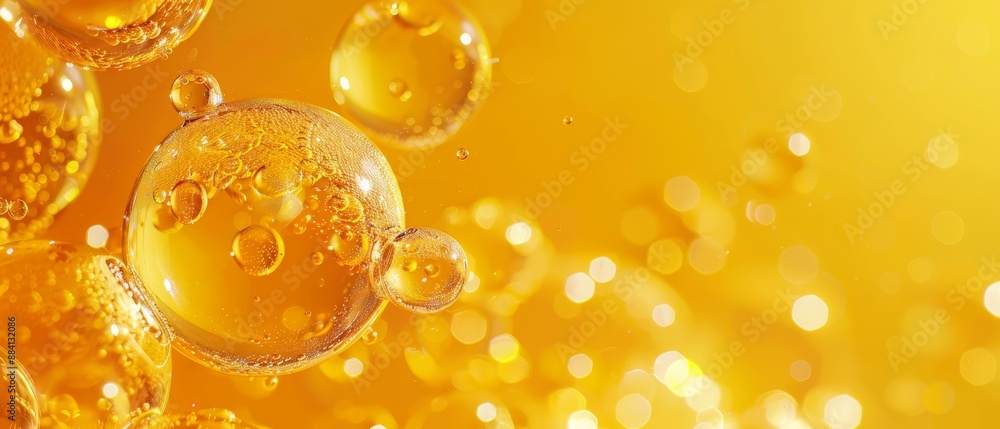 Poster  Several dozen bubbles drifting in a yellow sky against a sunlit backdrop