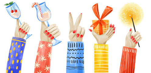 Cartoon winter party illustration. Colorful set with hands holding cocktail glasses, present boxes, sparkle and gesture peace. Celebration card. Hand drawn  illustration