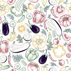 Seamless vector pattern vegetables. Whole vegetables, halves, slices and pieces in engraving style