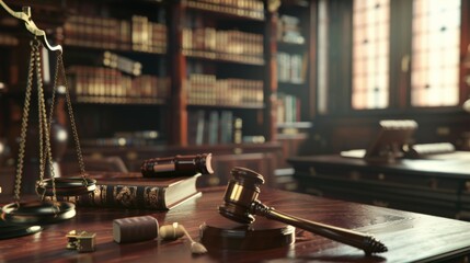 A setting showing a gavel and scales of justice in a sophisticated legal library environment, representing the core elements of the judicial system and law practices.