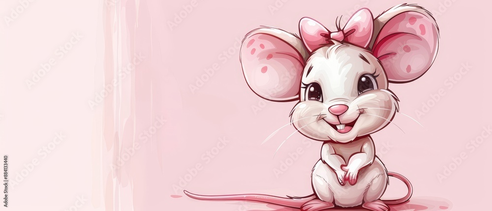 Poster  A white mouse wearing a pink bow on its head sits against a pink backdrop, on a pink surface