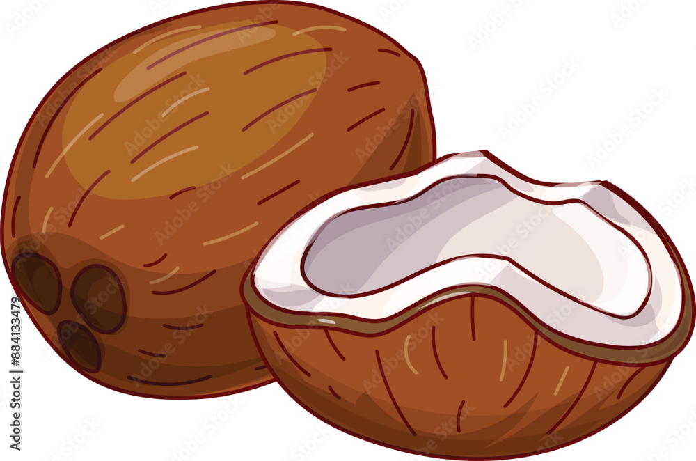 Poster fresh coconut lying with one half open showing white flesh and brown shell