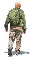 Bald Man Walking With Backpack on a White Background