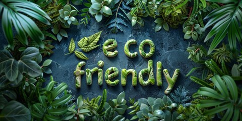 Fototapeta premium An eco friendly sign made of green foliage surrounded by lush plants.