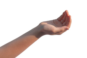 Hand palm, kids gesture, cup shaped taking, holding, grabbing, holding something invisible isolated on white background., transparent PNG