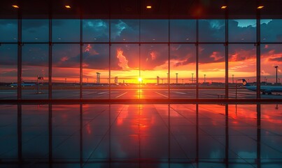 The silhouette of an airport cast a long shadow against the orange glow of sunset.