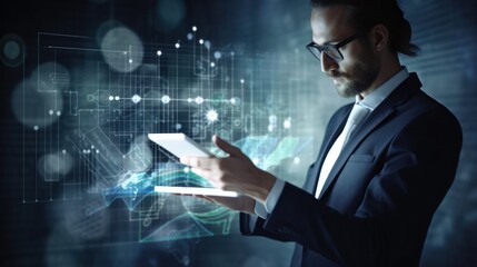 Businessman Using Tablet In Front of Digital Network Display