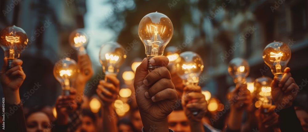 Canvas Prints  Person presents lit bulb to assembly, hands raised