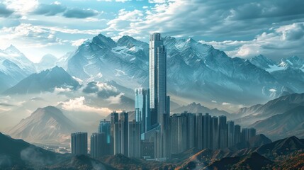 Fototapeta premium A Modern City Rises Below Majestic Snow-Capped Mountains