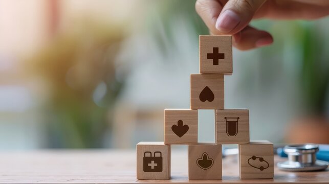 Building a Healthy Future Wooden blocks with healthcare symbols are stacked to form a pyramid, symbolizing a foundation for a thriving medical system.  