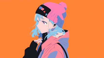 Anime Girl With Blue Hair Wearing Pink Beanie Against Orange Background