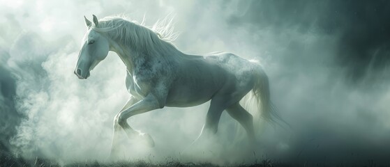  A white horse gallops through a foggy field, turning its head to gaze back over its shoulder as it runs